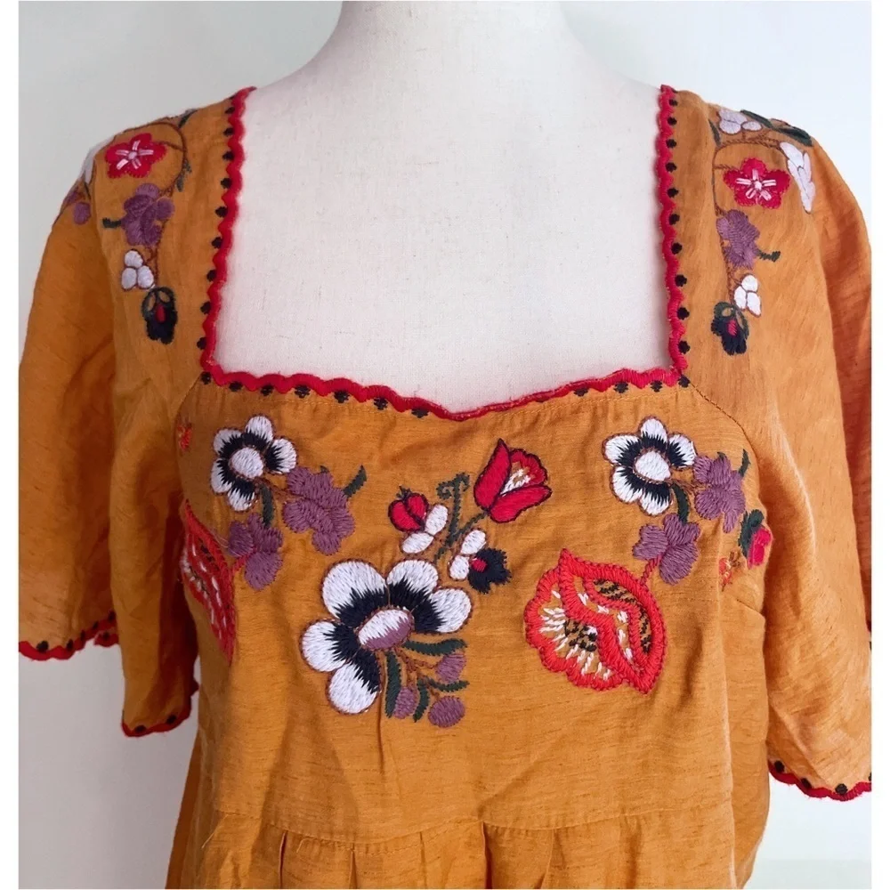 Madewell Floral Embroidered Square-Neck Marigold Yellow Mini Dress Small​​​​​ - Picture 5 of 11